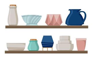 Ceramic tableware on the shelf set. vector