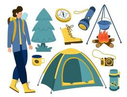 paquete de senderismo. un hombre con una mochila va de excursión, una fogata, una carpa, una linterna, una brújula, una cámara, un termo, una taza, una bota. ilustración vectorial