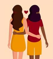 Interracial lesbian couple. Hugging young women.  The LGBT community and the concept of love. Vector illustration.