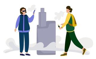 Vaping. A person with a steam vaporizer hookah device. Nicotine consumption with a vape cigarette as a modern addiction. Vector illustration.