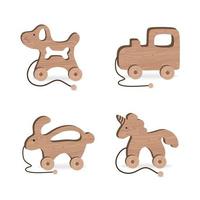 juguetes para niños para juegos y entretenimiento para niños juego de madera perro locomotora conejo unicornio vector ilustración