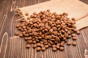 Pile of dog food on brown wooden plank photo