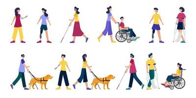Personas discapacitadas. gente con discapacidades. gente ciega. prótesis, sillas de ruedas, yeso, muletas, perro guía. un conjunto de diferentes personajes.