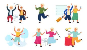 Grandparents, elderly old people in different situations. Pensioners and an active lifestyle. Vector illustration.
