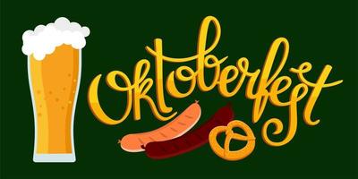 Oktoberfest banner. Handwritten inscription with the image of a beer mug with foam, pretzel and grilled sausage. vector