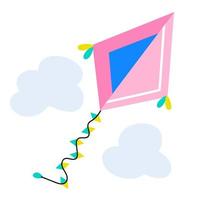 Colorful kite on a white isolated background with clouds. Vector illustration.