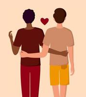 An interracial homosexual couple. Hugging men. The LGBT community and the concept of love. Vector illustration.