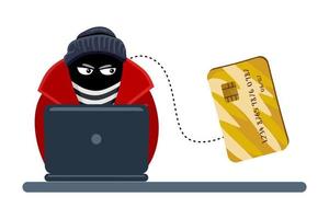 Online fraud. A criminal, a robber in a black mask steal personal information from a computer. The concept of internet activity or security hacking. Cartoon vector illustration.