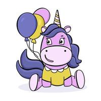 Funny unicorn with balloons. Cute cartoon character. For postcards, posters, book illustrations. Vector illustration in a flat style.