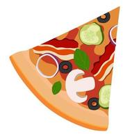 A piece of triangular-shaped pizza with mushrooms, bacon and gherkins. Vector illustration. A concept for stickers, posters, postcards, websites and mobile applications.