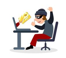 Online fraud. A criminal, a robber in a black mask steal personal information from a computer. The concept of internet activity or security hacking. Cartoon vector illustration.