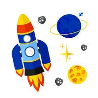 Rocket set with planet stars and asteroids. For use in printing on fabric postcards, posters. Vector illustration