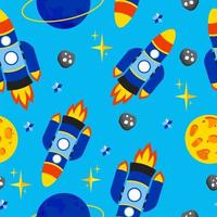Rocket pattern with a planet stars and asteroids on a blue background. A spaceship. For use in printing on fabric postcards, posters. Vector illustration