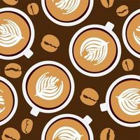 Coffee grain pattern and mugs on a dark brown background. For use in printing on fabric postcards, posters. Vector illustration