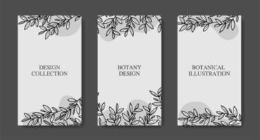 Set banner postcards plant-style  stickers with leaves and branches in black and white. For wedding invitations, postcards, posters, labels of cosmetics and perfumes, packaging paper. vector