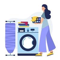 Happy woman laundry room. Washing in the washing machine. Vector illustration.