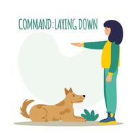 People training their pet dog set. The pet executes the command to lie down. The training process. Editable vector illustration