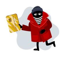 fraude en línea. el ladrón cibernético roba dinero, detalles de la tarjeta de crédito. ilustración de dibujos animados de vector plano.