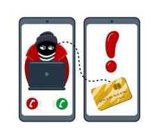 Online fraud. A criminal, a robber in a black mask steal personal information from a computer. The concept of internet activity or security hacking. Cartoon vector illustration.