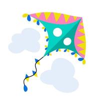 Colorful kite on a white isolated background with clouds. Vector illustration.