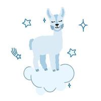 Alpaca llama is funny on a white background with closed eyes and stars. For printing on textiles, souvenirs and posters. Vector illustration.