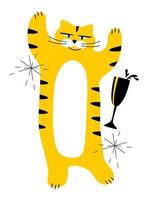 The tiger is a cheerful symbol of the year 2022 with a bottle of champagne and sparklers. The concept of Christmas and New Year. A postcard and a poster. vector