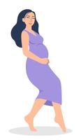 el embarazo. un afiche moderno con una linda mujer embarazada con un vestido morado. vector