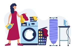 Happy woman laundry room. Washing in the washing machine. Vector illustration.