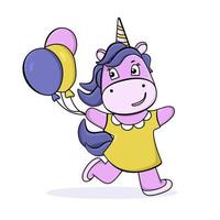 Funny unicorn with balloons. Cute cartoon character. For postcards, posters, book illustrations. Vector illustration in a flat style.