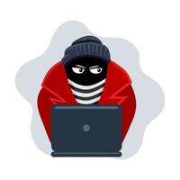 fraude en línea. un criminal, un ladrón con una máscara negra roba información personal de una computadora. el concepto de actividad de Internet o piratería de seguridad. ilustración vectorial de dibujos animados.