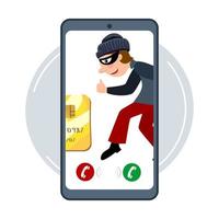 Online fraud. A criminal, a robber in a black mask steal personal information from a computer. The concept of internet activity or security hacking. Cartoon vector illustration.