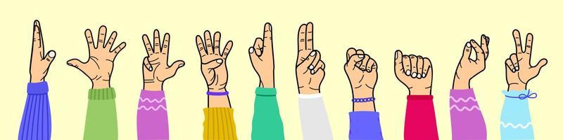Hands with different gestures and different colors of the net. For use on textiles, packaging paper, souvenirs, printing, posters, postcards.