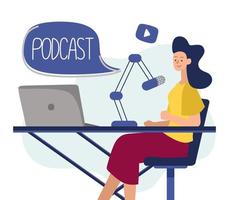 Podcast concept. An illustration about the podcast. A girl talking into a microphone and sitting at a table. Flat vector in a fashionable style.