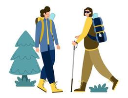 Tourists people group of men hiking. Men on a hike with backpacks. Travelers hiking adventures. Vector illustration