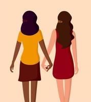pareja de lesbianas interraciales. mujeres jóvenes tomados de la mano. la comunidad lgbt y el concepto de amor. ilustración vectorial vector