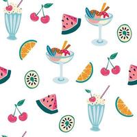 postre de patrones sin fisuras. fondo de verano. cereza, helado, rodaja de sandía, lima y kiwi. deliciosa comida dulce. perfecto para impresión, menús y restaurantes, textiles, papel de regalo. vector