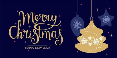 Christmas and New Year. Modern universal art templates. Christmas corporate greeting cards and invitations. Golden lettering on a dark blue background with snowflakes and Christmas tree toys. vector