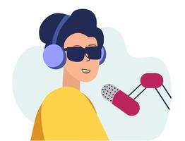 Podcast concept. An illustration about the podcast. A girl talking into a microphone and sitting at a table. Flat vector in a fashionable style.