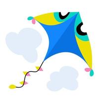 Colorful kite on a white isolated background with clouds. Vector illustration.