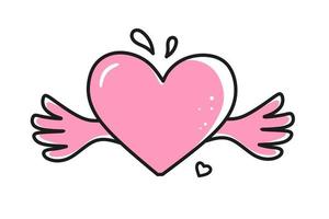 Vector element heart with wings for Valentines Day. Hand-drawn love symbols in a linear style. Isolated on a white background.