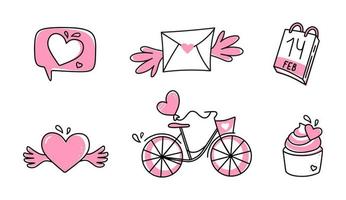 Vector set for Valentines Day. Hand-drawn love symbols in a linear style. Isolated on a white background.