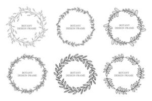 Set geometric flower wreath with leaves and branches. Botany round frame isolated on white background. For wedding invitations, postcards, posters, labels of cosmetics and perfumes. vector