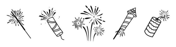 Firecrackers sparklers rocket launchers festive Christmas and New Year paraphernalia. Vector