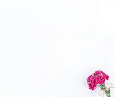 May mothers day photography - Beautiful blooming carnations bunch tied by bow isolated on a bright modern table, copy space, flat lay, top view, blank for text photo