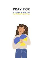 una mujer abraza un corazón pintado con los colores de ucrania. ilustración vectorial plana en estilo garabato.