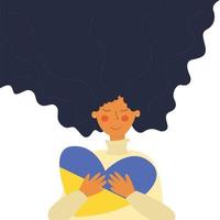 Woman Hugs A Heart Painted In The Colors Of Ukraine. Flat Vector Illustration In Doodle Style.