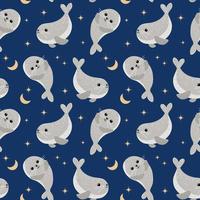 Seamless pattern, cute baby whales, moon and stars on a night background. Children's textiles, print, kids bedroom decor, cover vector