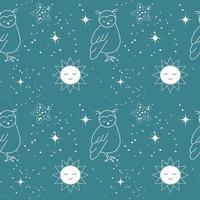 Seamless pattern, drawn white owl birds, sleeping sun and stars on a night background. Children's print, textile, wallpaper