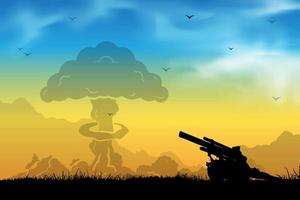 Silhouette of cannon with explosion isolated on sunset background. Cannon ball explosion background. vector