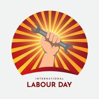 International Workers Day background. Happy labour day design with hand holding pliers and sunburst background. vector